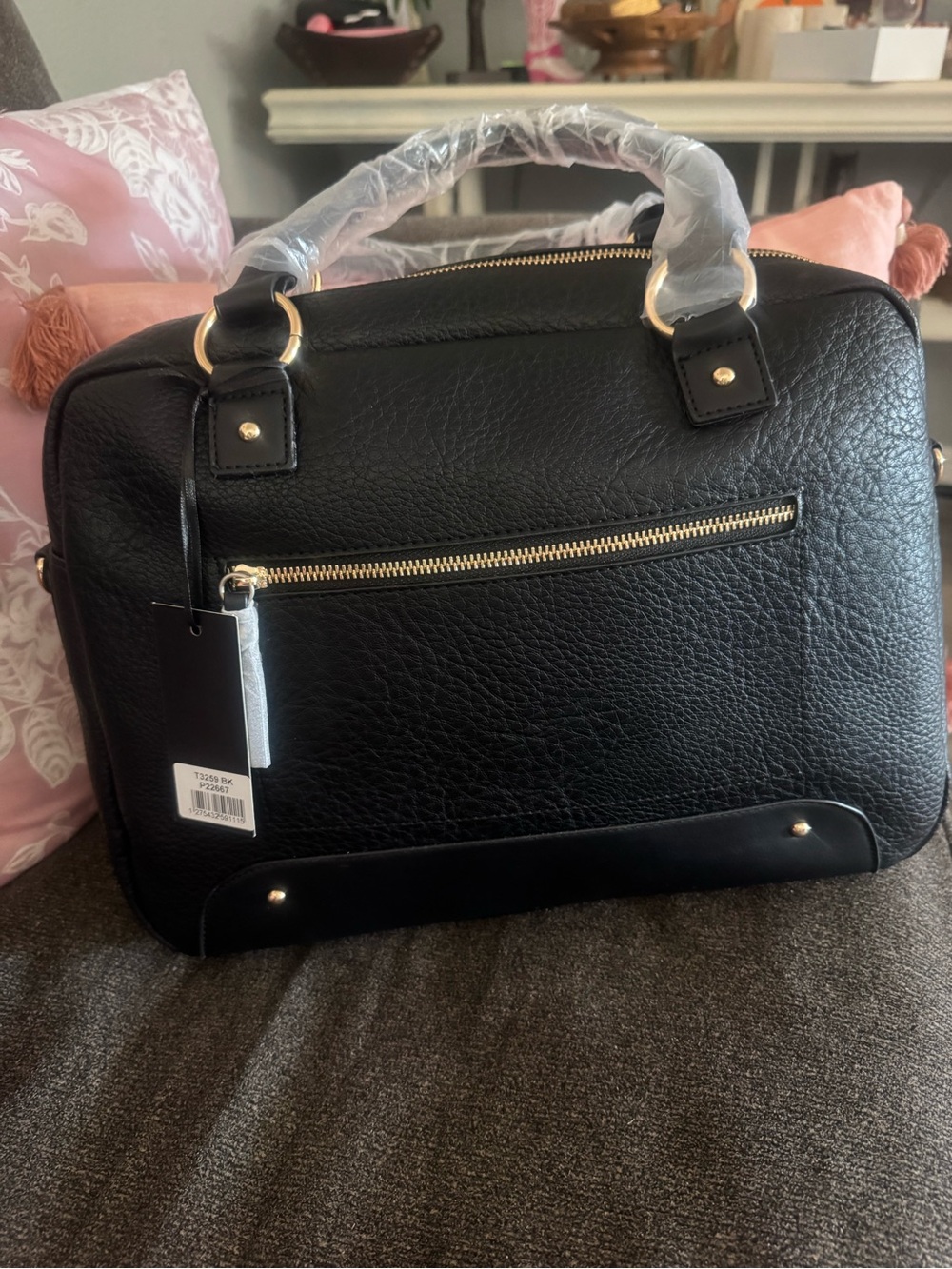 Black vegan Leather Tote Bag with Gold Hardware 15.5 L by 12 in H